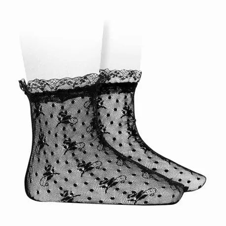Condor Ceremony Silk Lace Souquet Black socks, two sheer dotted lace pair with scalloped trim.