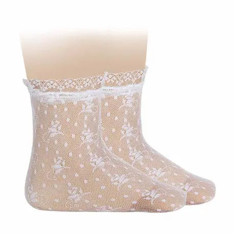 Condor Ceremony Silk Lace Souquet White socks, sheer floral lace with scalloped edge, worn on a mannequin foot