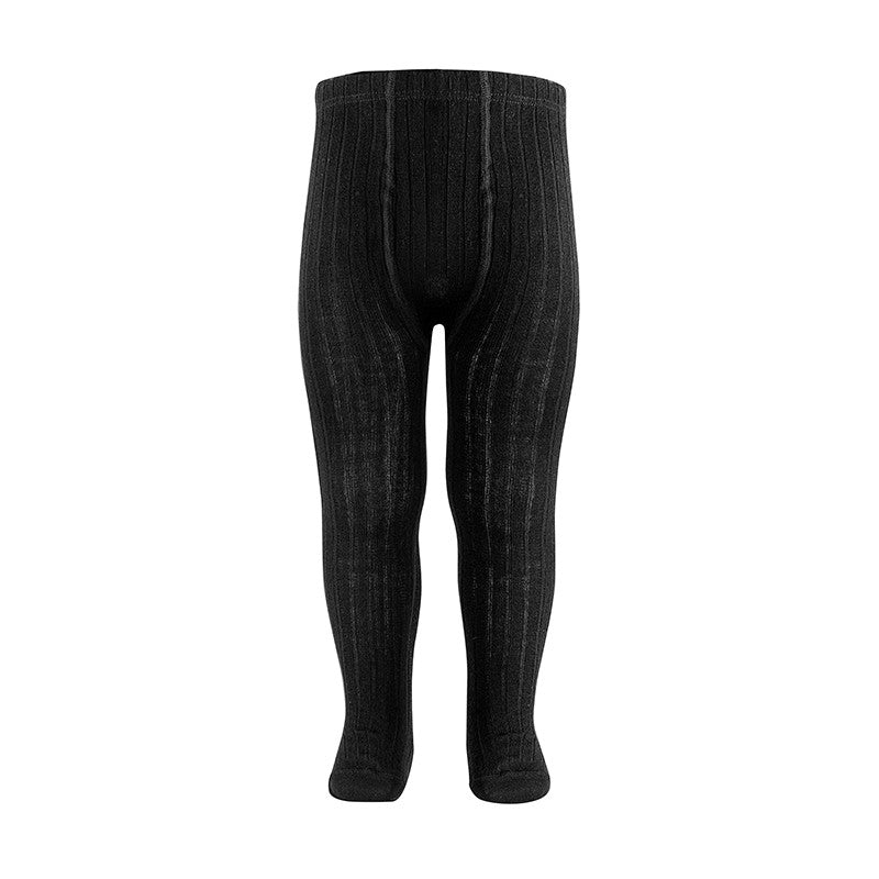 Condor Extrafine Merino Wool Rib Tights Black for babies, worn on legs to show the snug rib knit.
