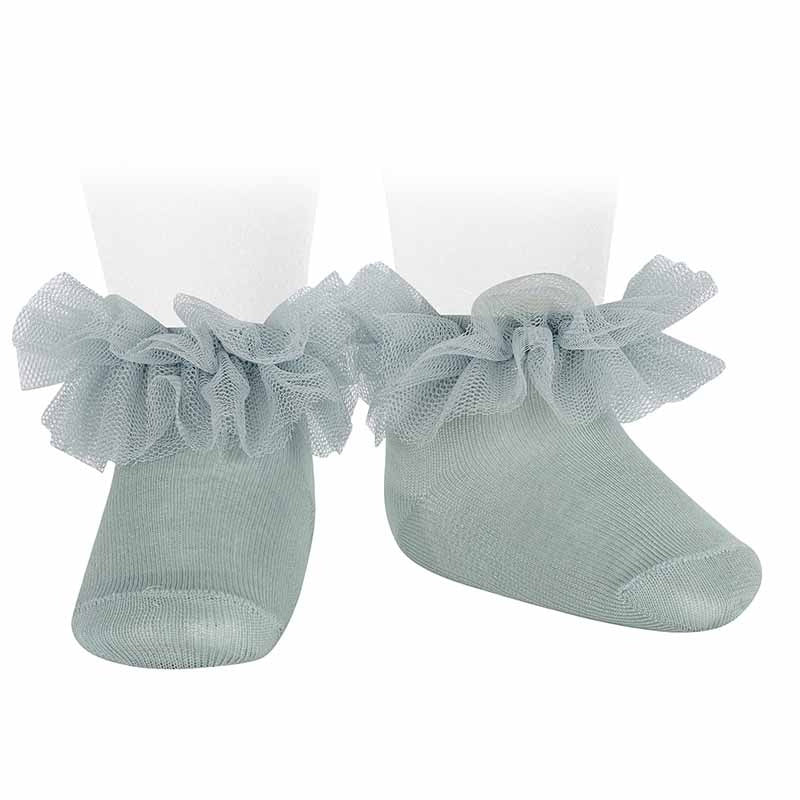Condor Frill Tulle Ankle Socks Sea Mist, light blue feetwear with airy ruffle mesh around the ankles.