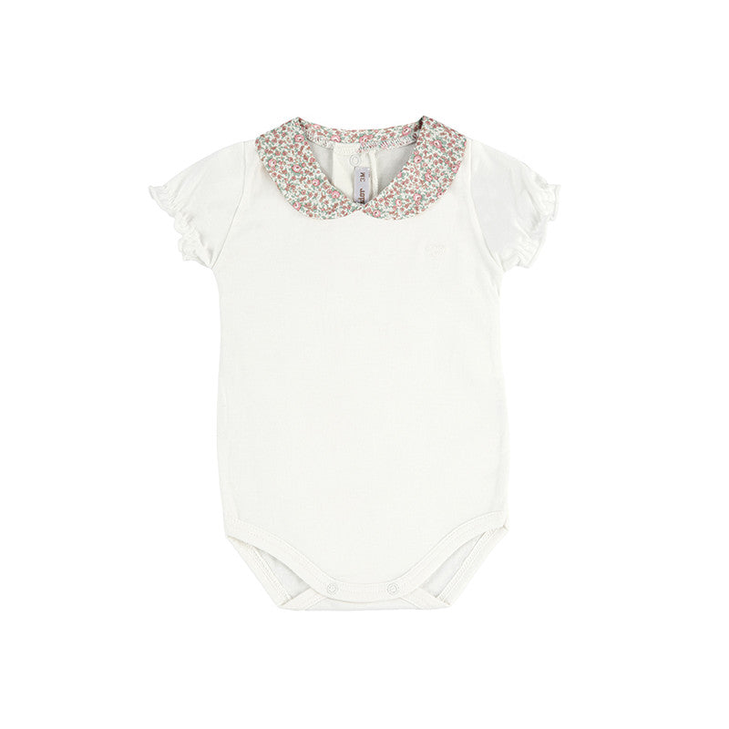 CONDOR Condor Heart Embroidery Body w. Liberty Round Neck White / Pink Flutter sleeves with snap closures at crotch