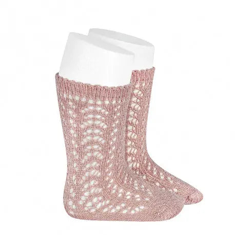 Condor Metallic Yarn Openwork Perle Knee Socks Old Rose on a baby's feet, pink lacy knee socks