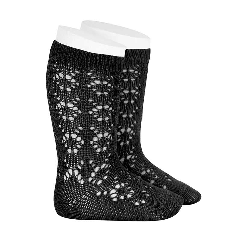 Condor Perle Geometric Openwork Knee High Socks Black