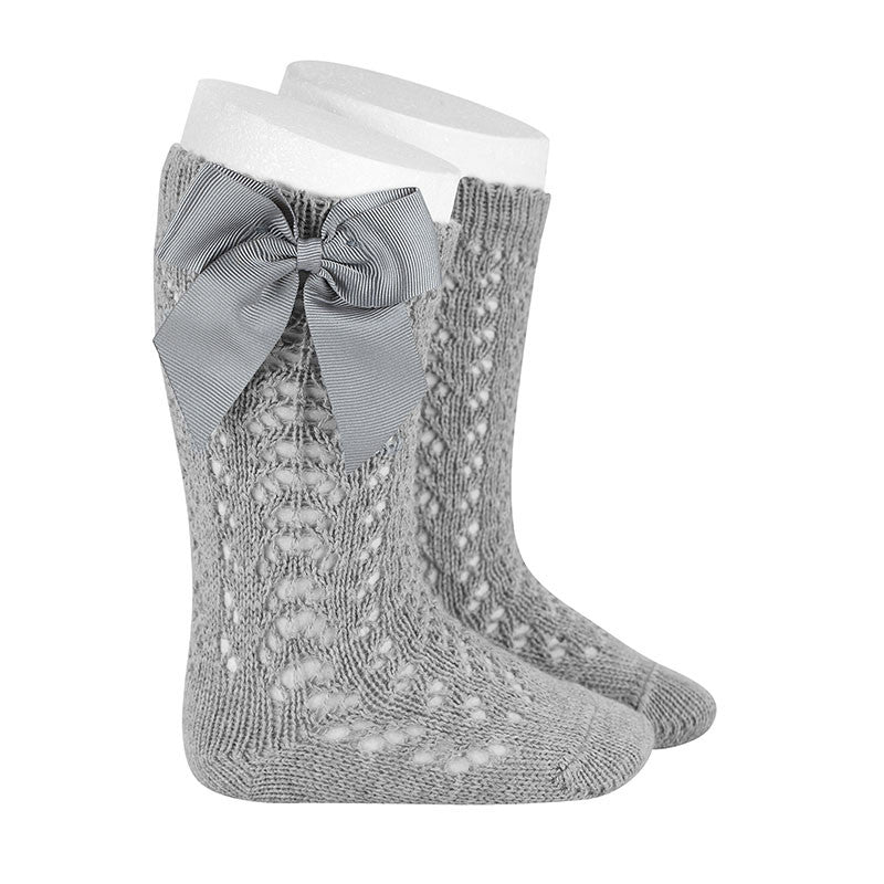CONDOR Condor Perle Openwork Knee Socks With Grossgrain Bow Aluminium white rolled cuff with vertical lacy knit pattern