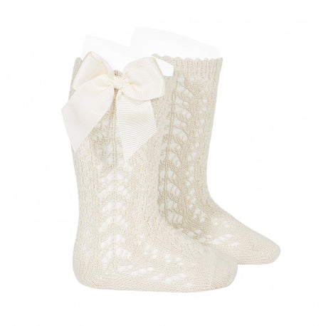 Condor Perle Openwork Knee Socks With Grossgrain Bow Linen