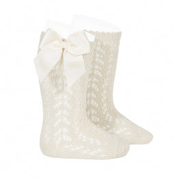 Condor Perle Openwork Knee Socks With Grossgrain Bow Linen