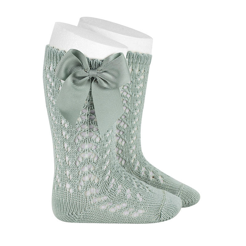 Condor Perle Openwork Knee Socks With Grossgrain Bow Sea Mist