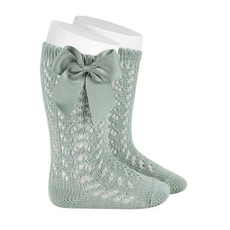 Condor Perle Openwork Knee Socks With Grossgrain Bow Sea Mist