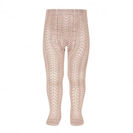 Condor Perle Openwork Tights Old Rose worn on a baby's legs, showcasing soft knit lace patterns that keep legs warm.