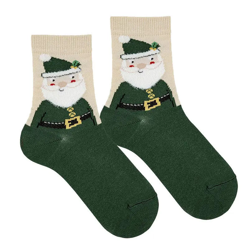 Condor Santa Claus Christmas Socks Green with beige cuffs; two socks showing Santa belt graphic on each ankle.