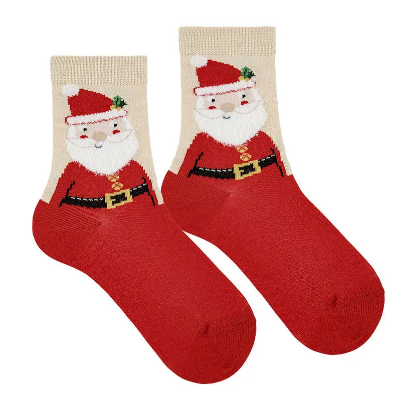 Condor Santa Claus Christmas Socks Red; beige cuff with Santa graphic, two socks laid side by side.