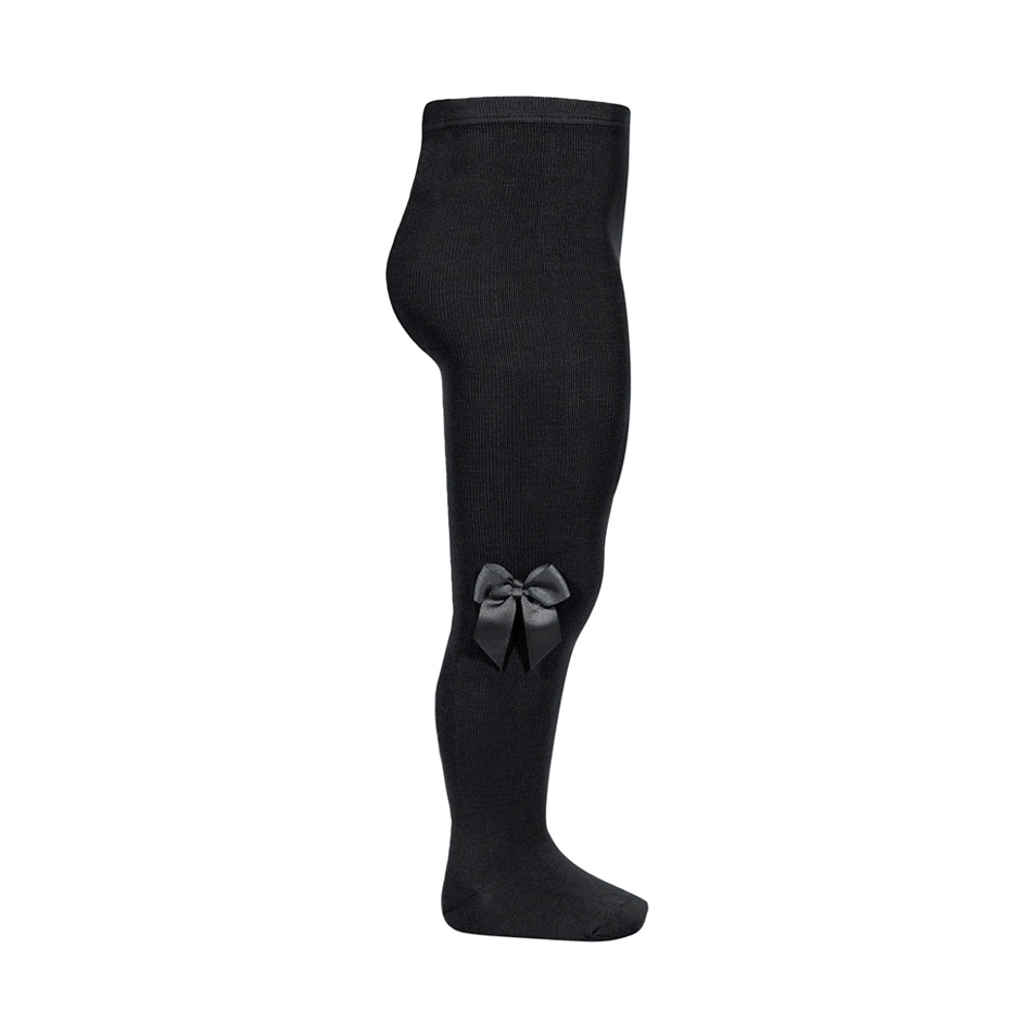 Condor Tights With Side Grosgrain Bow Black knee-high tights with a satin side bow visibly tied on the leg.