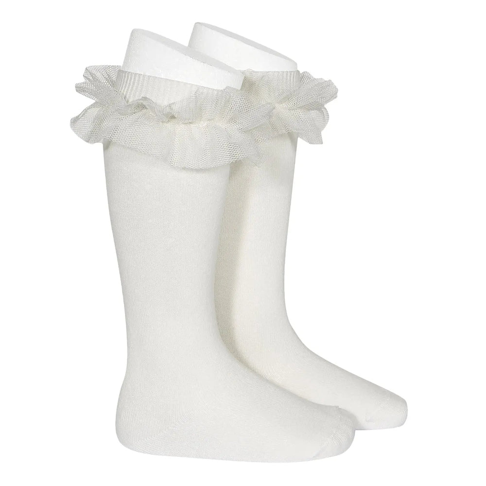Condor Tulle Ruffle Knee High Socks Cream for babies; two cream knee-high socks with a delicate tulle ruffle.