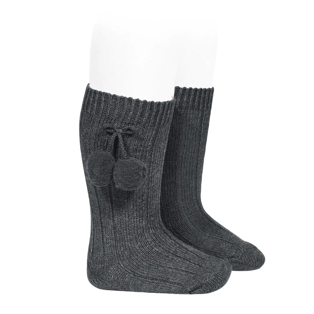CONDOR Warm Cotton Rib Knee High Socks With Pompom Anthracite worn on white mannequin feet.