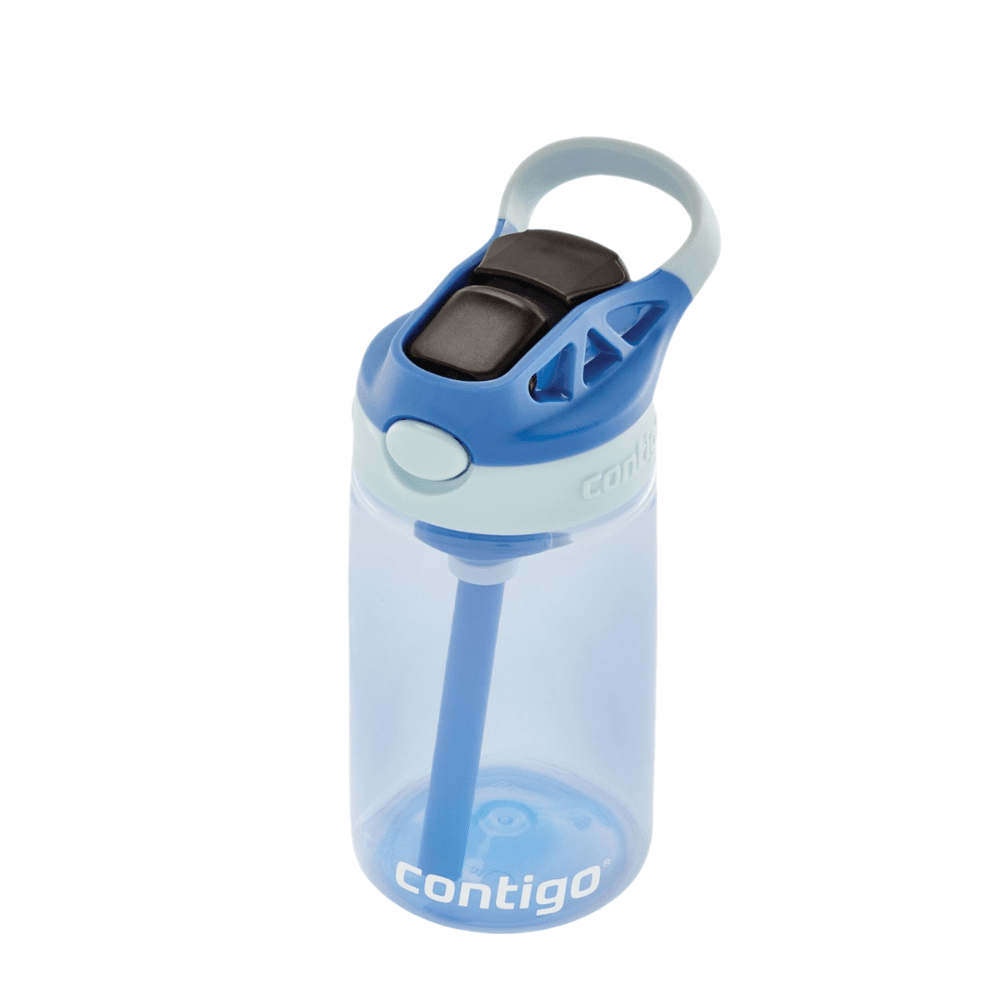 Contigo 14 oz water bottle in cotton candy blue with flip-top lid and carry loop