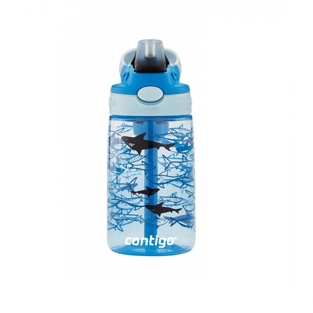 Contigo 14 oz blue water bottle with Cotton Candy Gummy Shark print