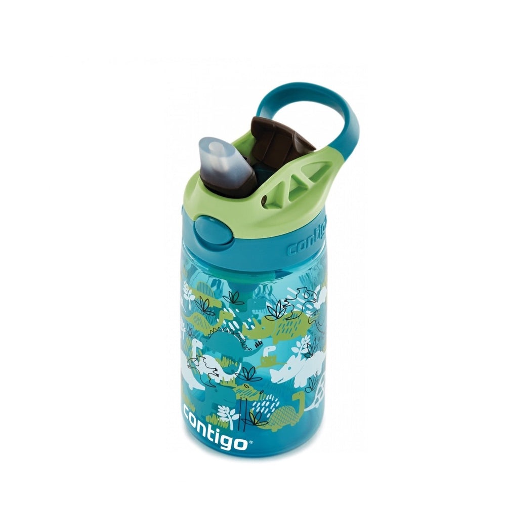 Contigo Cleanable 14 oz water bottle in juniper green apple with blue lid and jungle print.