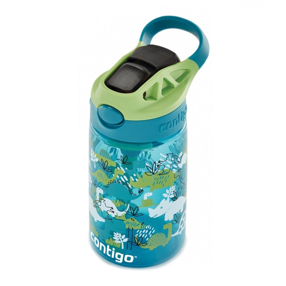 Contigo 14 oz kids water bottle, juniper green apple with blue lid and jungle print.