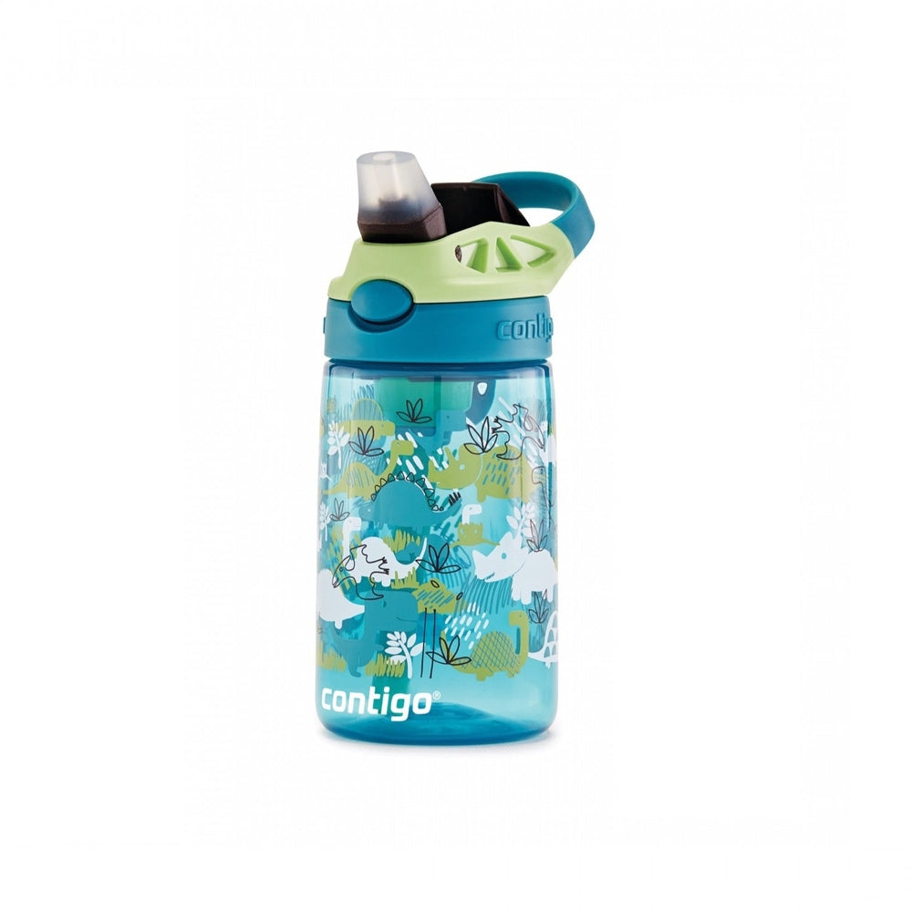 Contigo Cleanable 14 oz kids bottle in juniper green apple with blue cap and jungle print