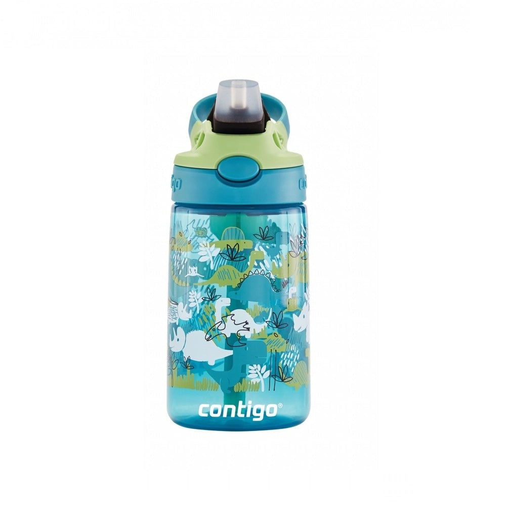 Contigo Cleanable 14 oz water bottle Juniper Green Apple with blue-green cap and jungle print