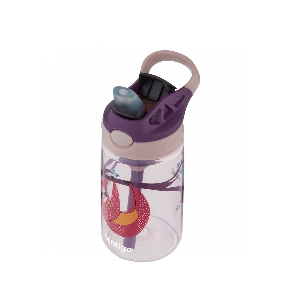 Contigo Cleanable 14 oz water bottle with purple lid and sloth eggplant graphic on clear body