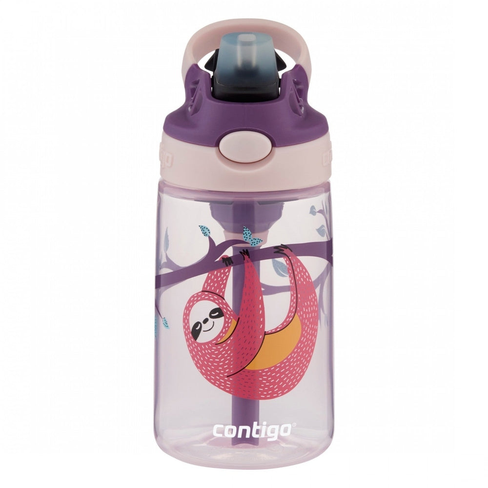 Contigo 14 oz kids bottle with purple lid featuring a pink sloth on an eggplant background