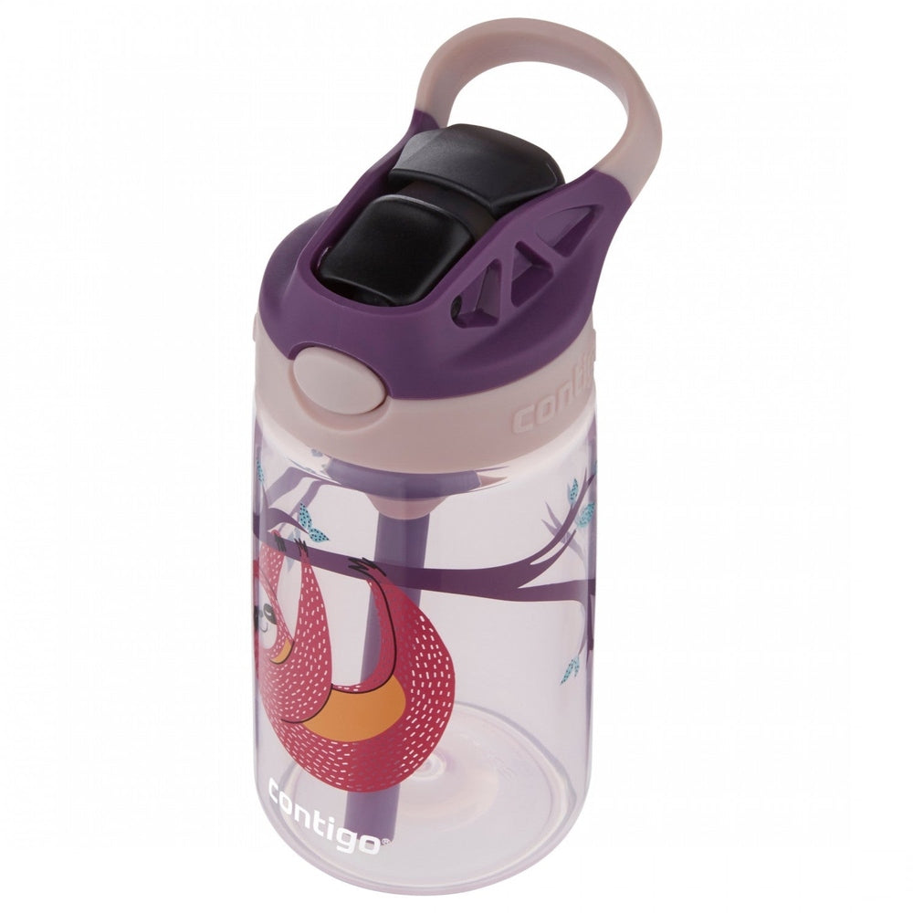 Contigo 14 oz kids water bottle with purple cap and eggplant-colored body featuring a sloth graphic.