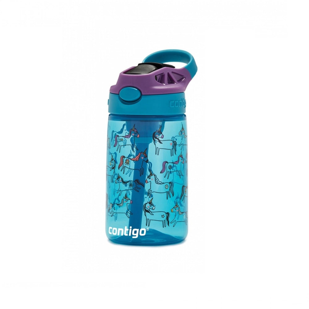 Contigo 14 oz unicorn-pattern water bottle, blue body with purple lid and turquoise strap.