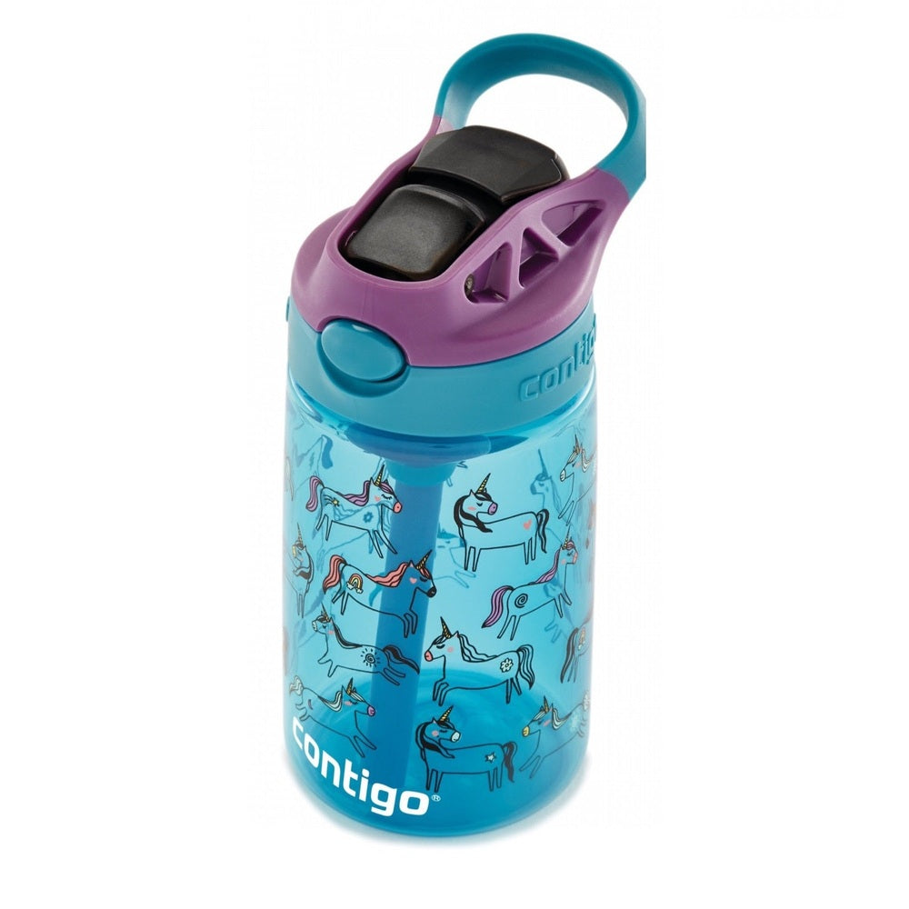 Contigo 14 oz unicorn-print water bottle with blue body, purple lid, and teal handle