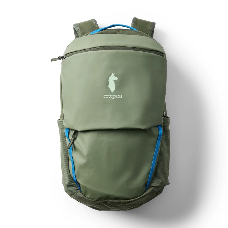 Cotopaxi Allpa 26L Daypack in Olive Green with blue zipper accents and white logo on front.