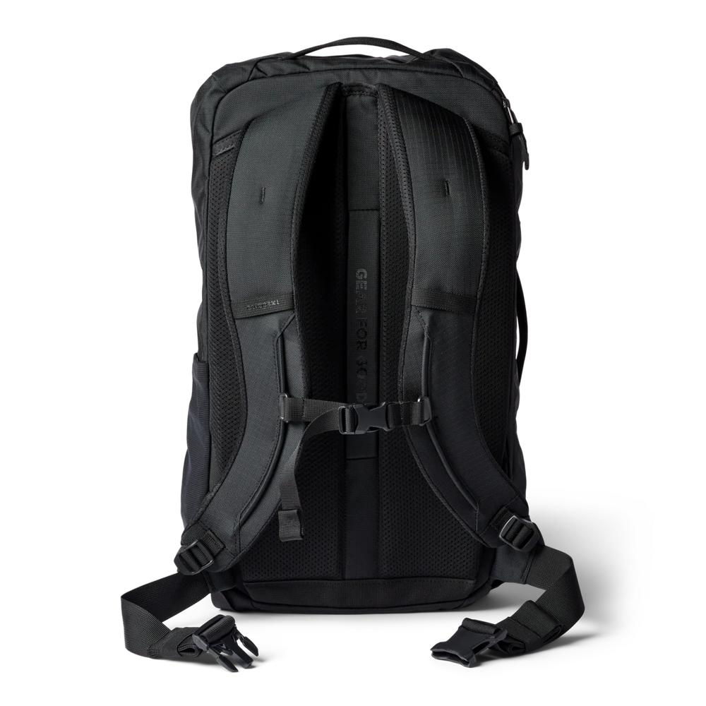 Cotopaxi Allpa 28L Travel Pack in Black rear view with padded shoulder straps and sternum strap.