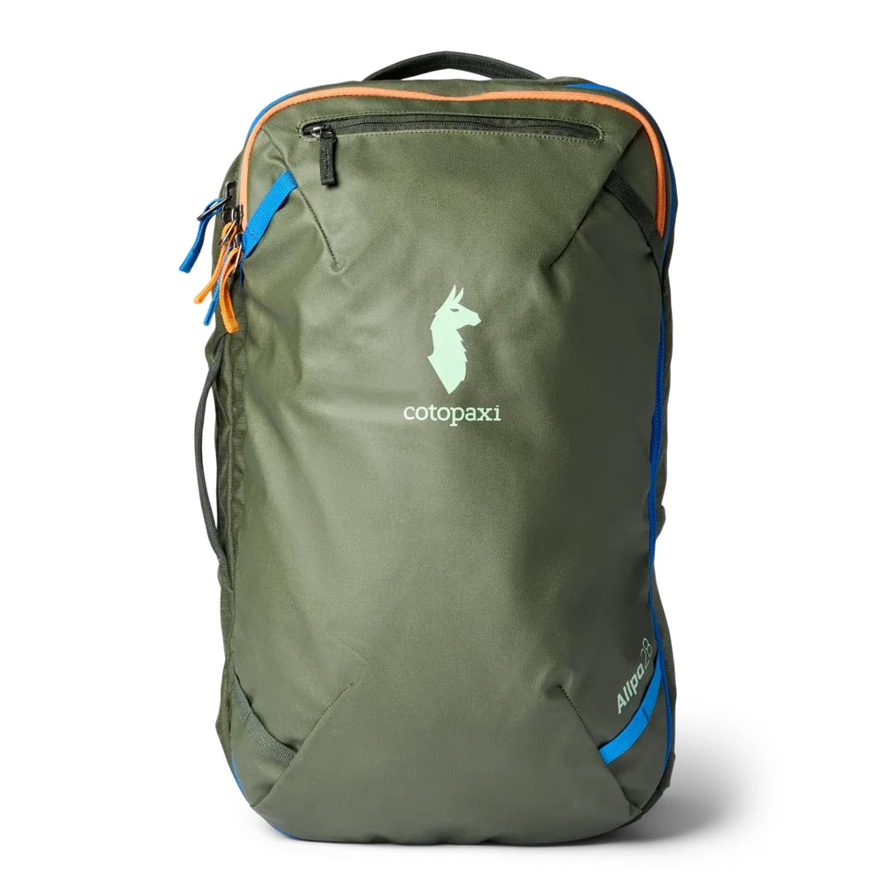 Cotopaxi Allpa 28L Travel Pack in Olive Green with blue side panel and orange zipper pulls.