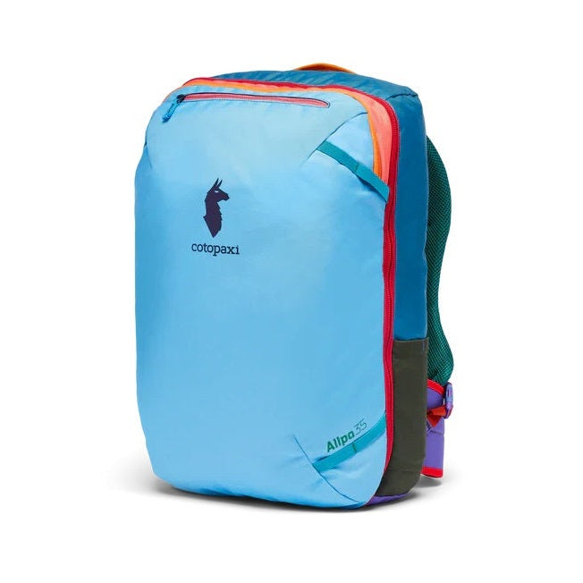 Cotopaxi Allpa 35L Travel Pack in Light Blue with Red Zippers, Green Mesh Back Panel, Side View