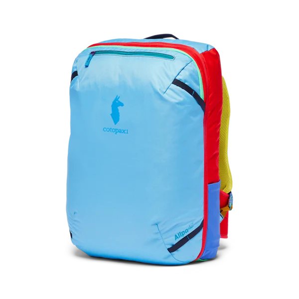 Cotopaxi Allpa 42L Travel Pack in Light Blue with Red panels and a yellow side pocket