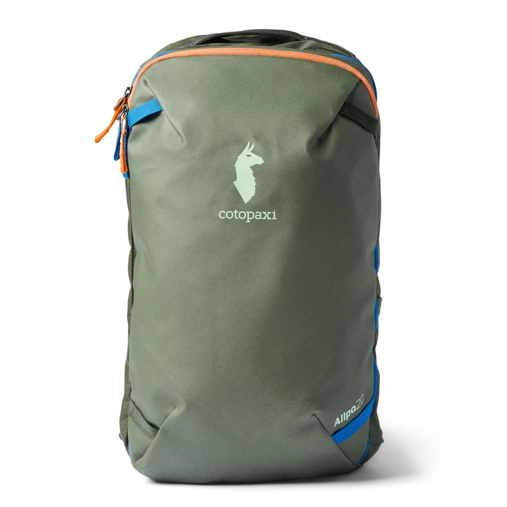 Cotopaxi Allpa Mini 20L Travel Pack in Sage Green with orange zippers and blue accents