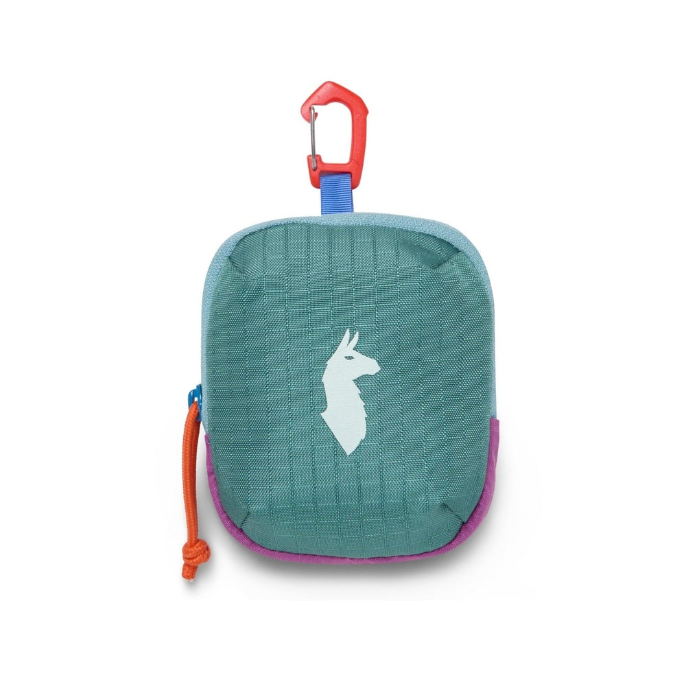 Cotopaxi Allpita Mini Bag in Teal with purple trim and orange zipper pull, carabiner clip top