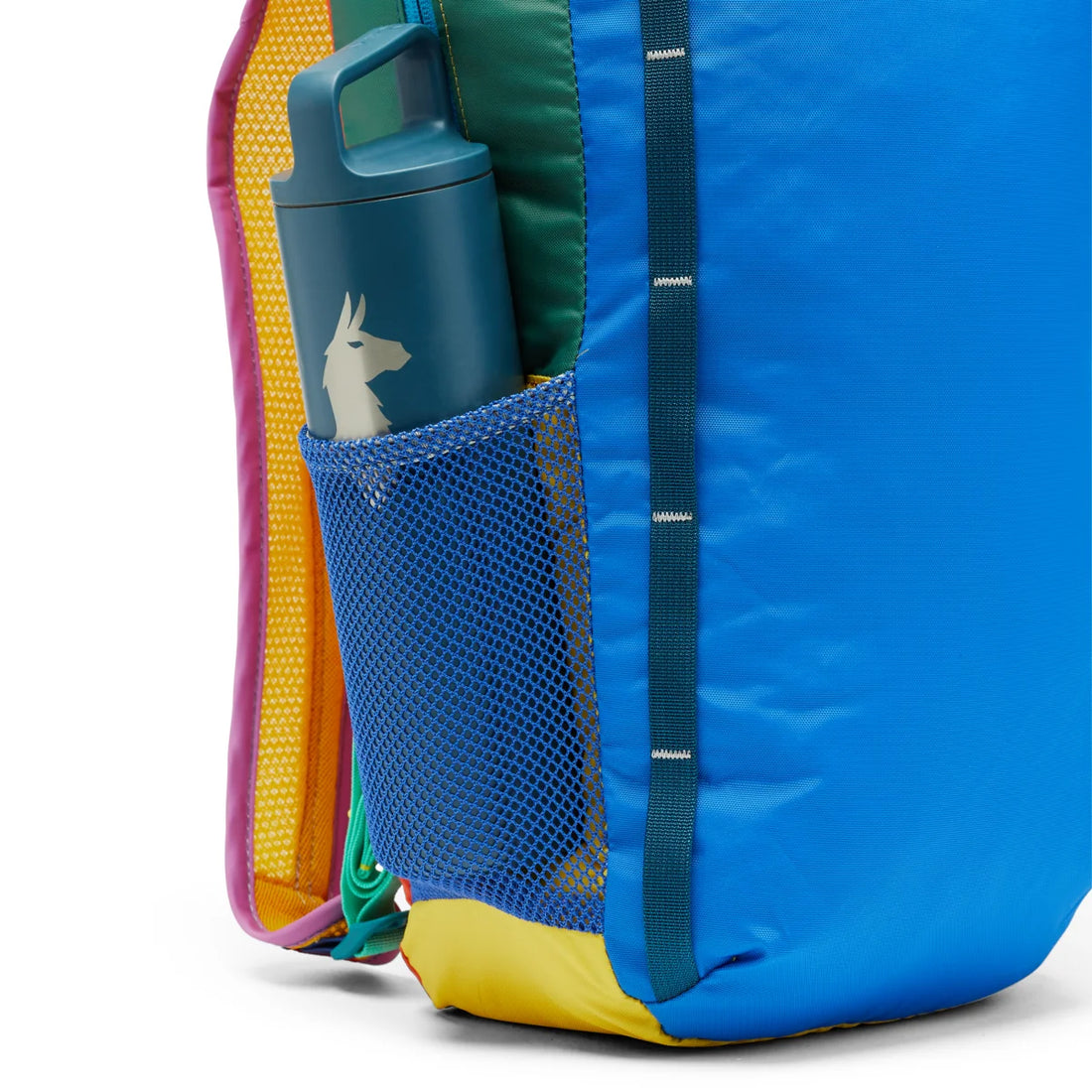 Cotopaxi Batac 16L Del Dia, mesh side pocket holding a bottle; example colourway