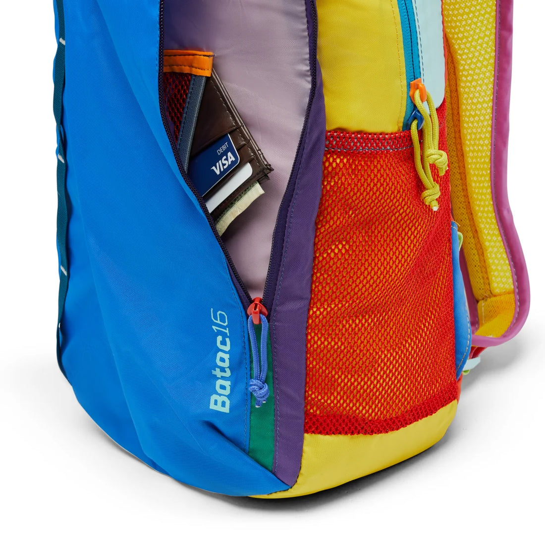 Cotopaxi Batac 16L Del Dia, front zip pocket and quick-access sleeve; example colourway