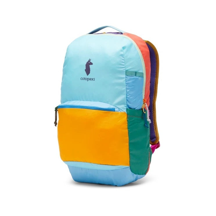 Cotopaxi Chiquillo 26L Daypack in light blue with orange front pocket and teal side panel, multicolor color-block design.