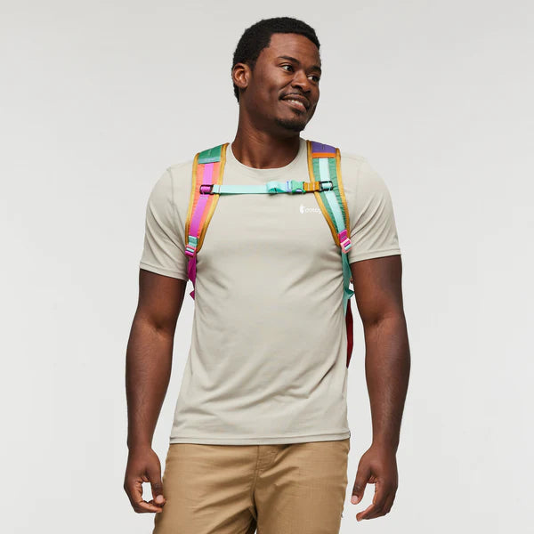 Cotopaxi Chiquillo 26L Daypack in rainbow-colored straps, front view.