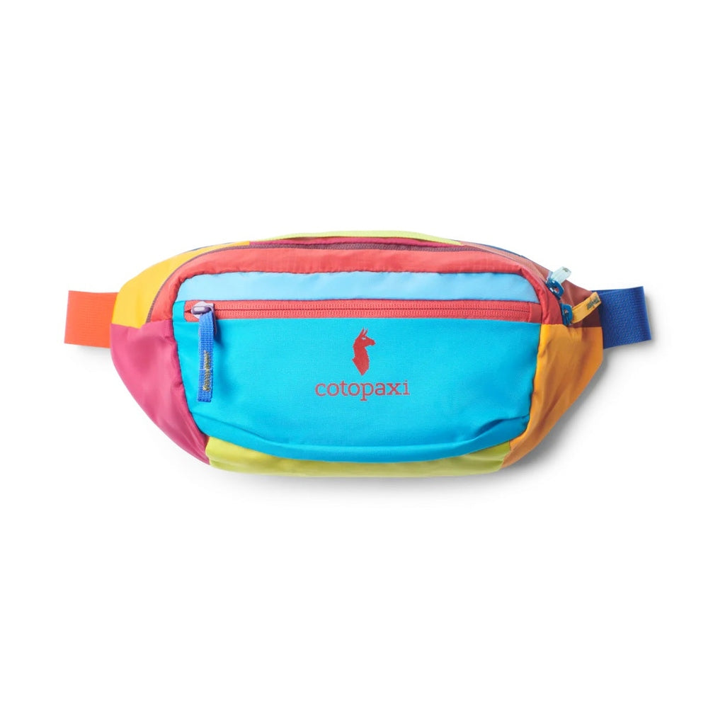 Colorful fanny pack with 'cotopaxi' branding on a white background