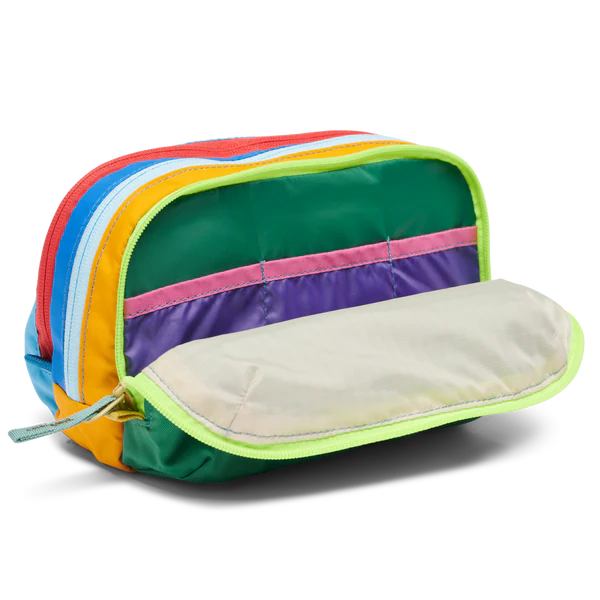 Cotopaxi Nido Accessory Bag in Rainbow multicolor with beige front pocket and neon lime zipper