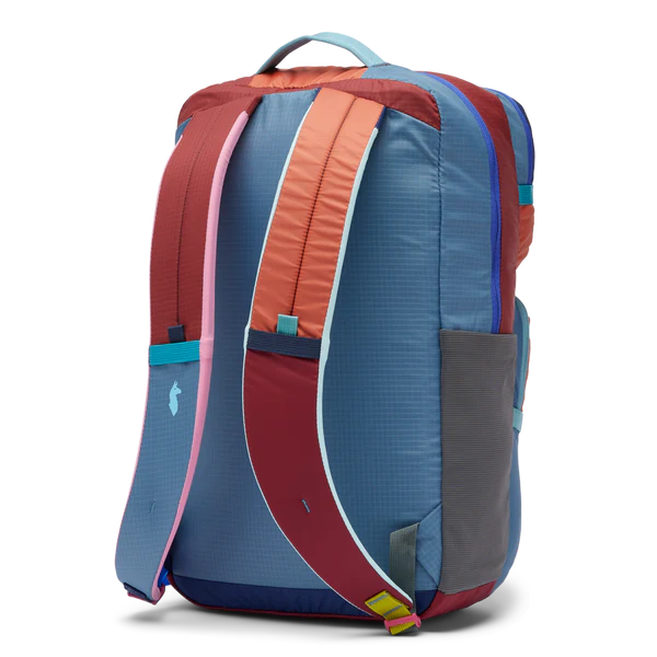 Cotopaxi Tasra 16L Backpack in Blue with coral-orange straps, pink accents, turquoise handle, gray side pocket