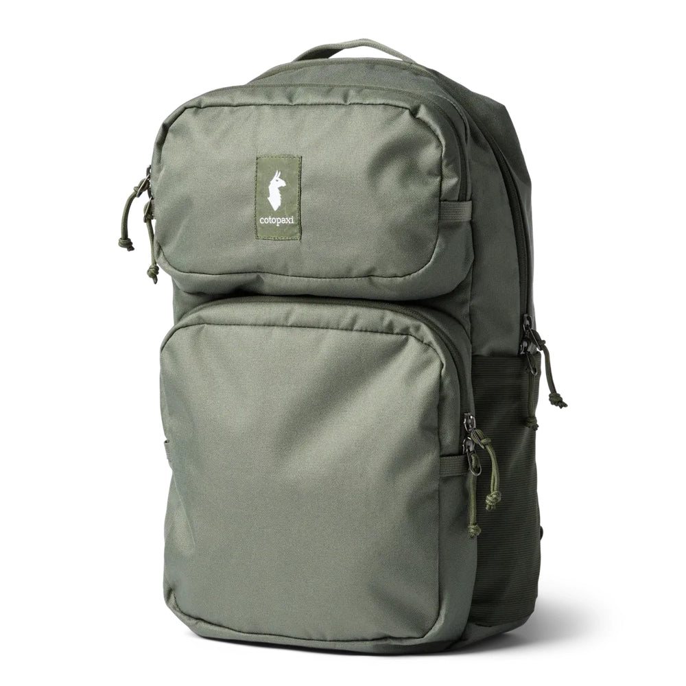 Cotopaxi Tasra 16L Daypack in Olive Green with front zip pocket and side mesh pocket