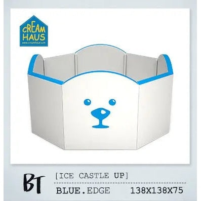 Creamhaus Ice Castle Bt Octagon Guard Up baby playpen, blue-edged white panels with a bear-face front and raised guard rails.