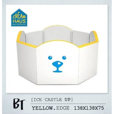 Creamhaus Ice Castle Bt Octagon Guard Up playpen, white with yellow edges, blue bear face.
