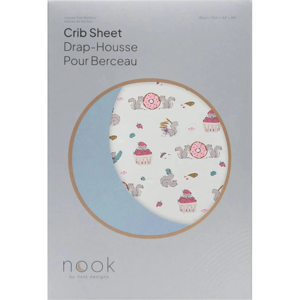 NEST DESIGNS Nest Designs Bamboo Crib Sheet Small Very Squirrelly squirrels with pink donuts and cupcakes pattern img 1/5