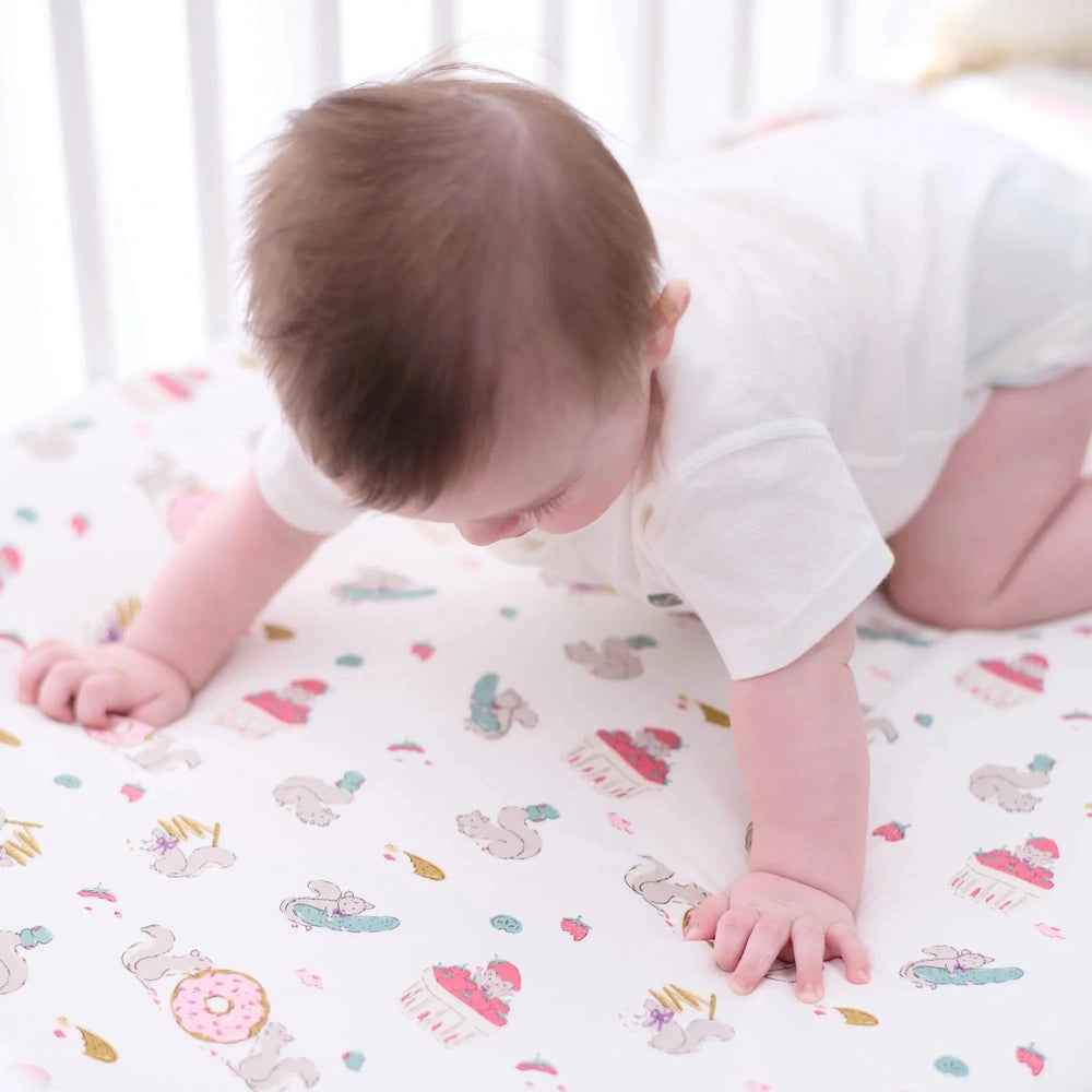NEST DESIGNS Nest Designs Bamboo Crib Sheet Small Very Squirrelly all-over print with donuts, clouds, feathers pattern img 2/5