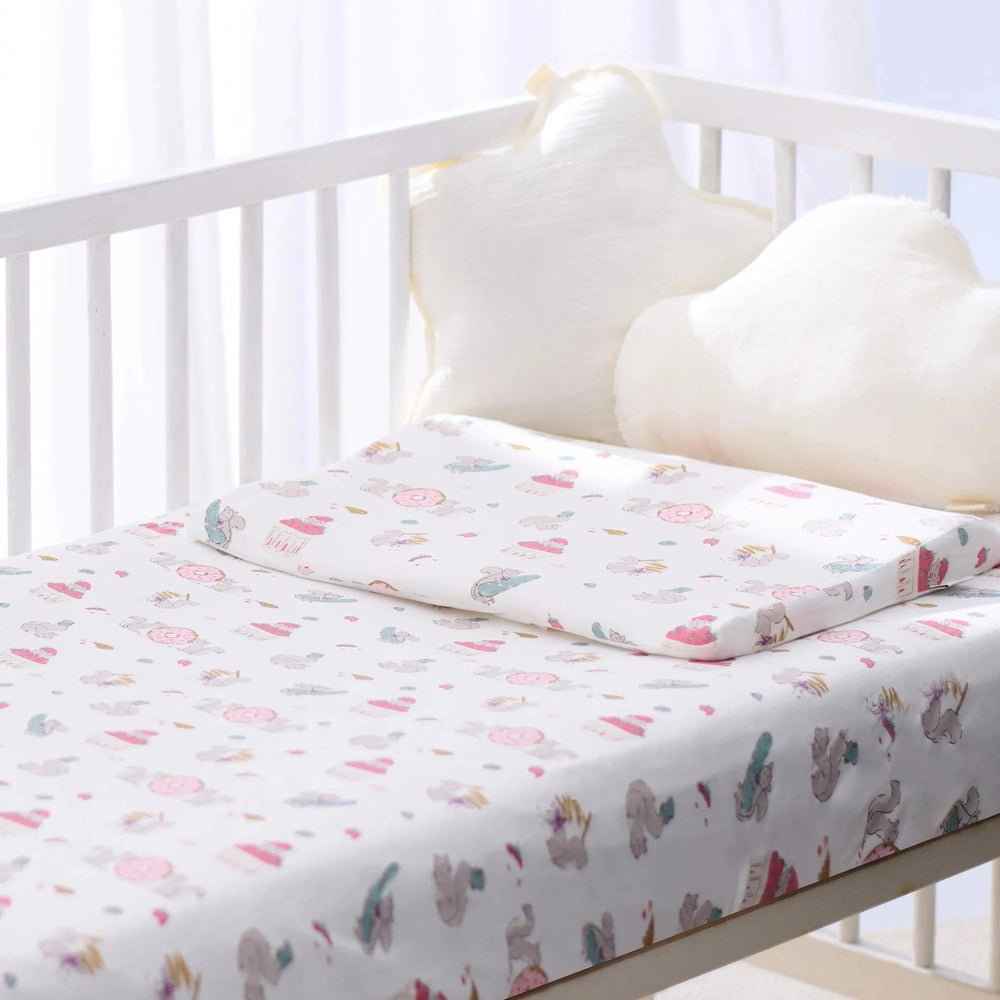 NEST DESIGNS Nest Designs Bamboo Crib Sheet Small Very Squirrelly squirrels with donuts and sweets pattern, fitted with pillow img 3/5
