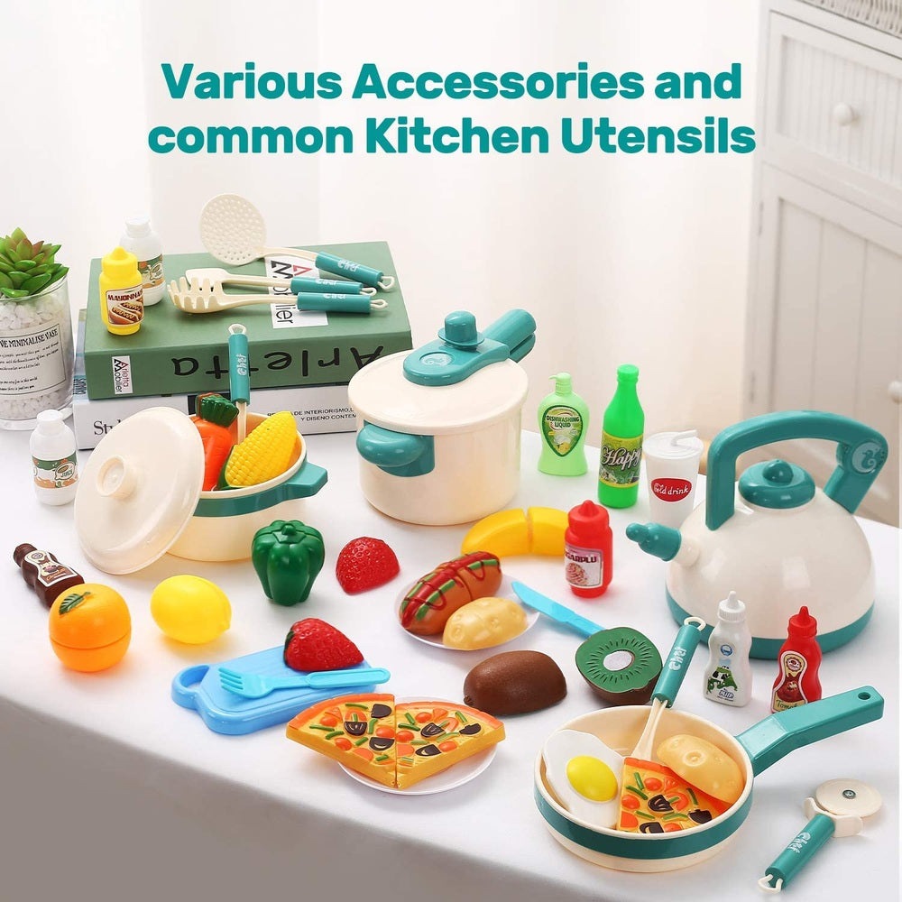 Cute Stone cooking toy set with teal pots and pans and assorted pretend food pieces for imaginative play